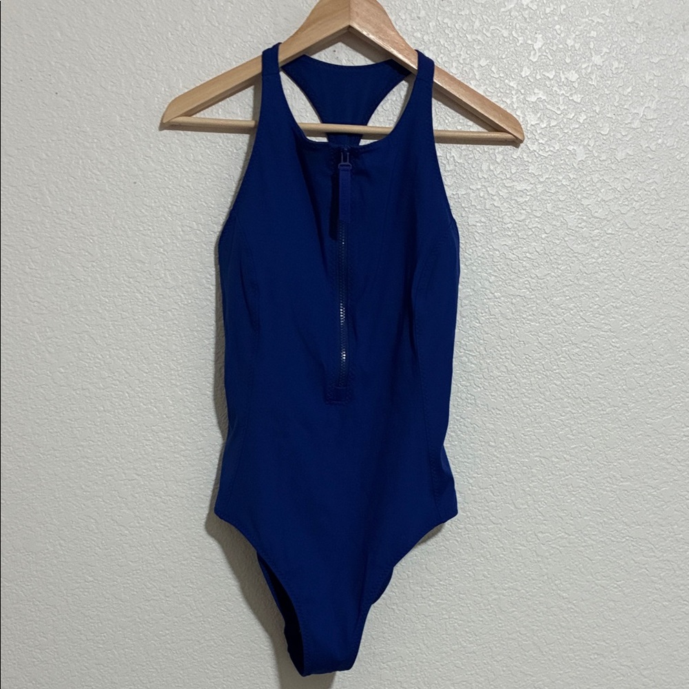 Fabletics Admiral Blue High Tide Front Zip One Piece Swimsuit